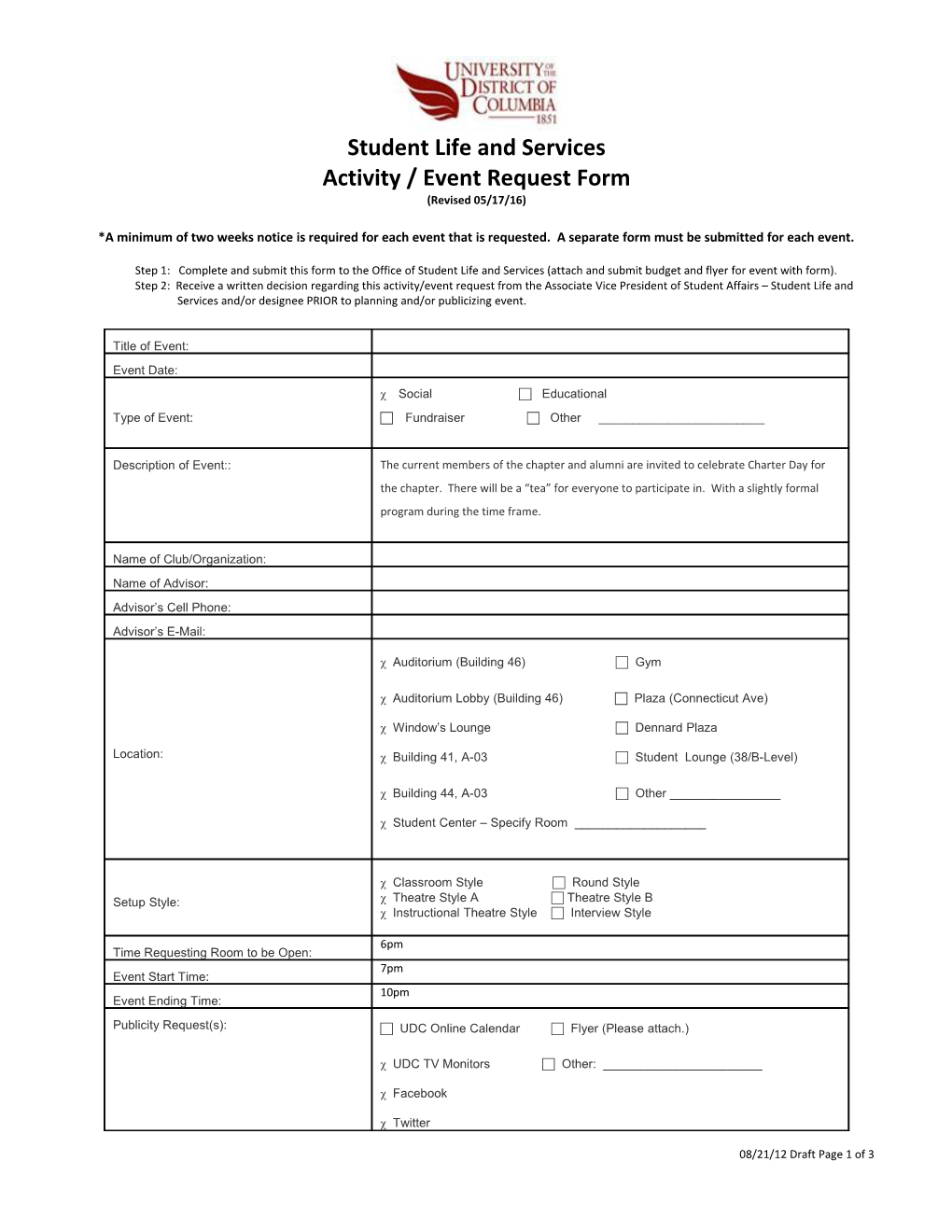 Activity / Event Request Form (Revised 05/17/16)