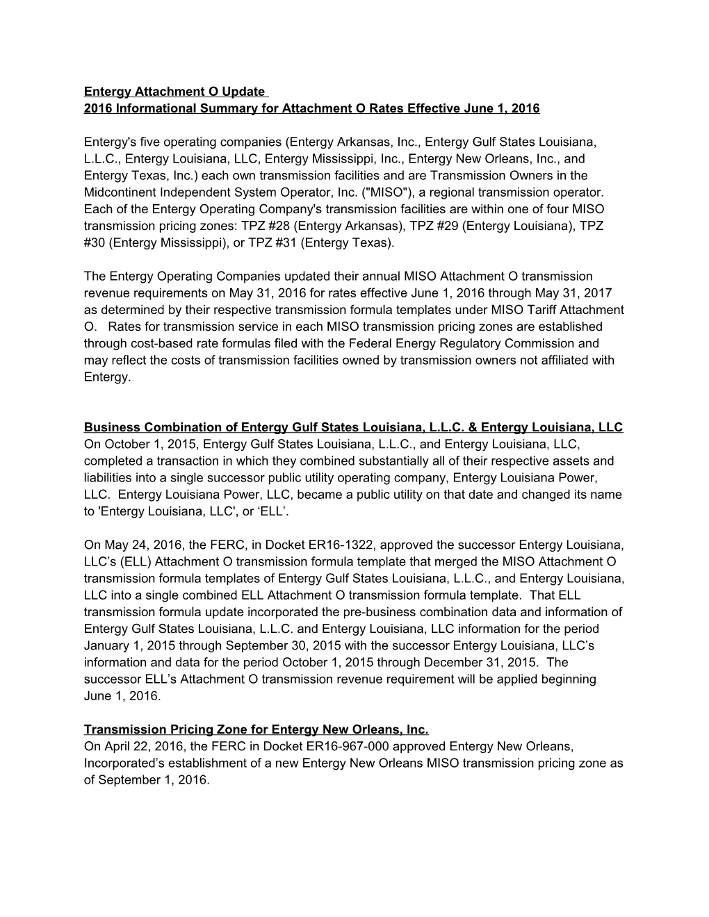 Entergy Attachment O Update