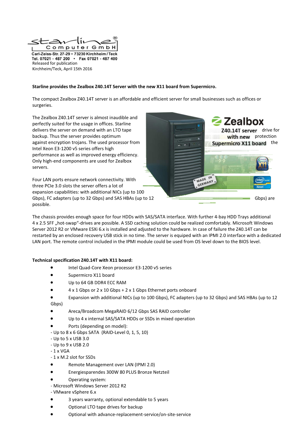 Starline Provides the Zealbox Z40.14T Server with the New X11 Board from Supermicro
