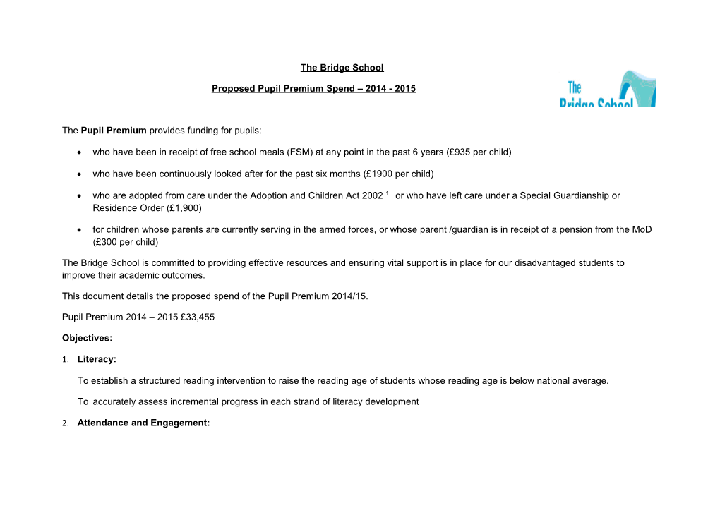 Proposed Pupil Premium Spend 2014 - 2015
