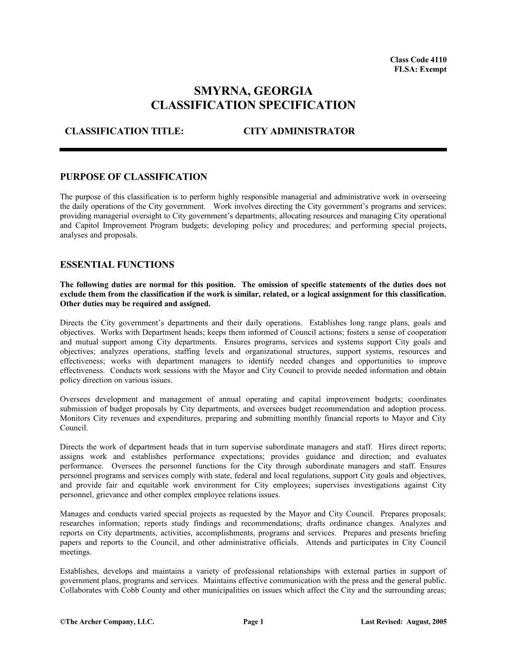 Smyrna, Georgia City Administratorflsa: Exempt4110