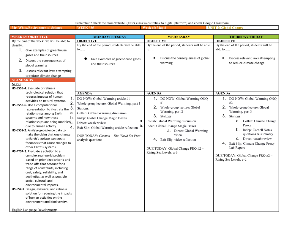 *Highlighted Items Indicate Discussion-Based Activities