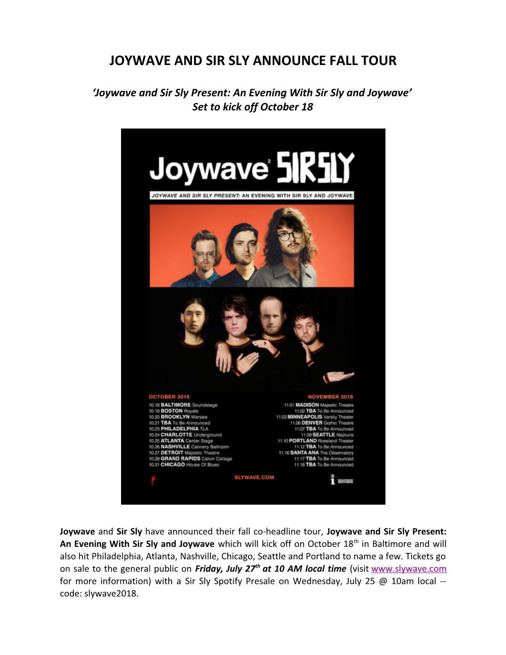 Joywave and Sir Sly Announce Fall Tour