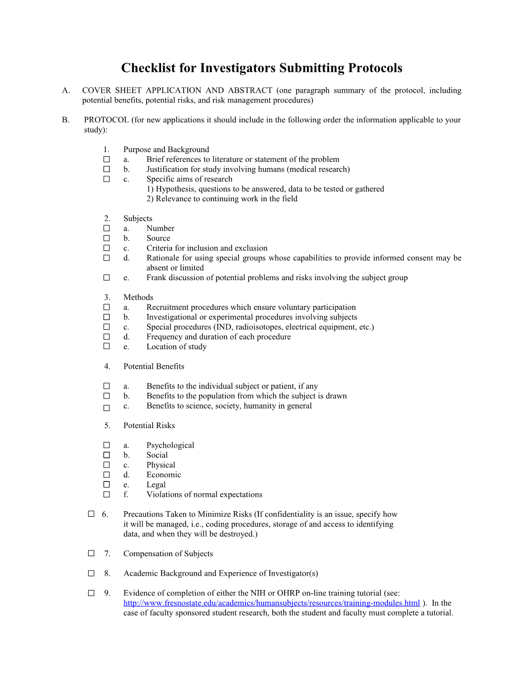Checklist for Investigators Submitting Protocols