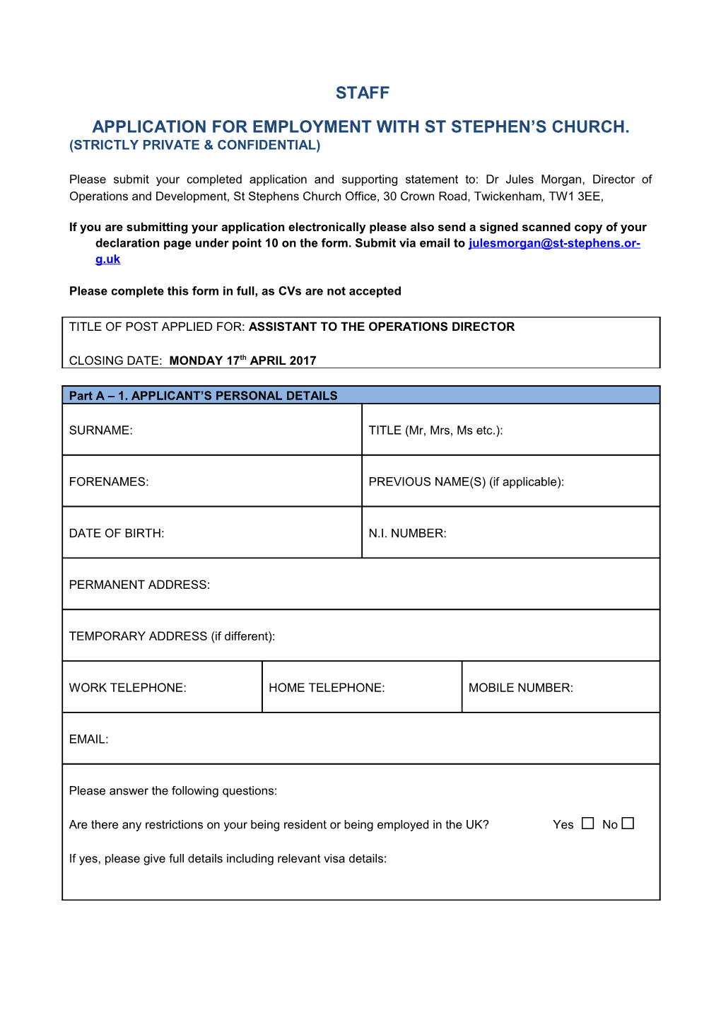 APPLICATION for EMPLOYMENT with St Stephen S Church
