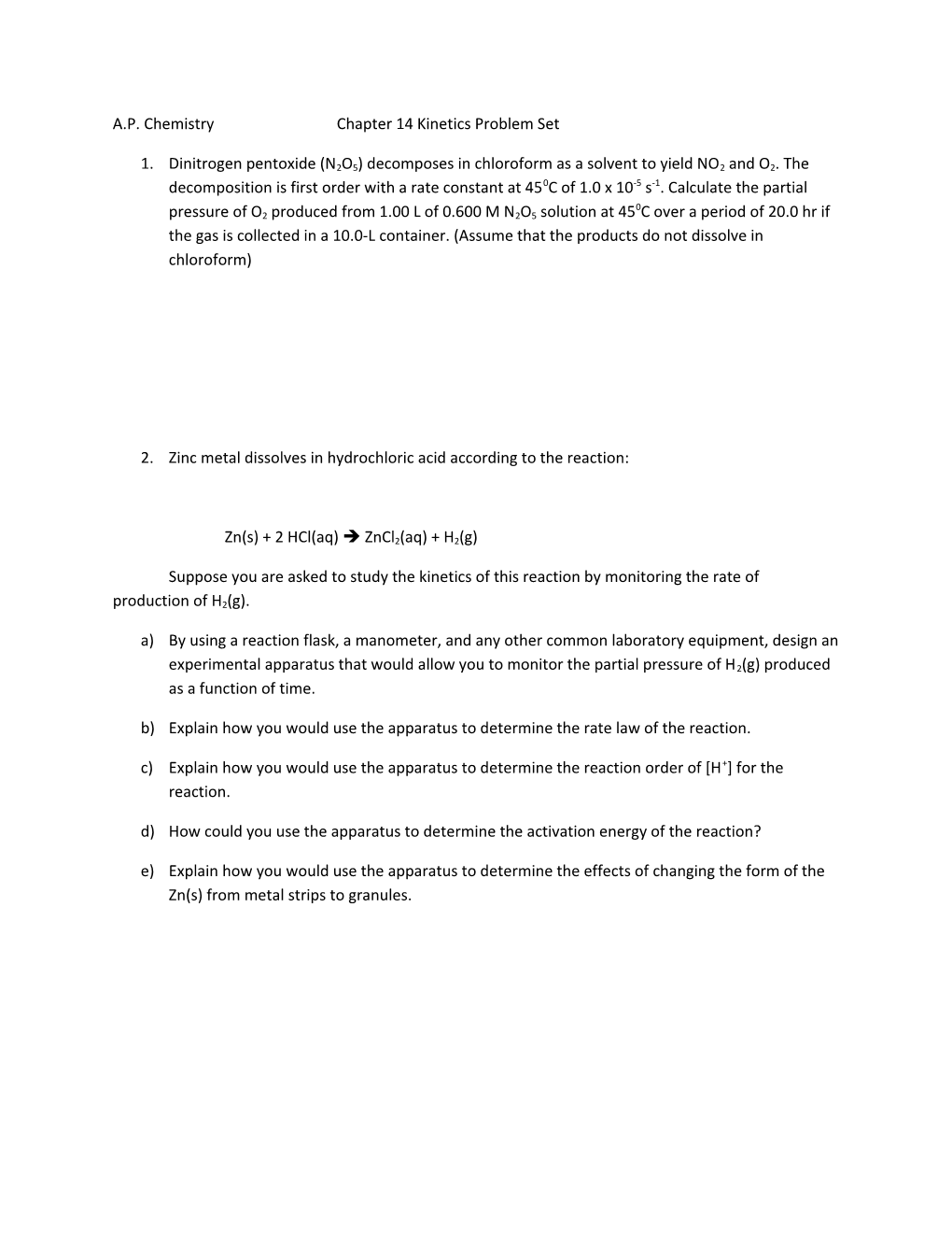 A.P. Chemistry Chapter 14 Kinetics Problem Set