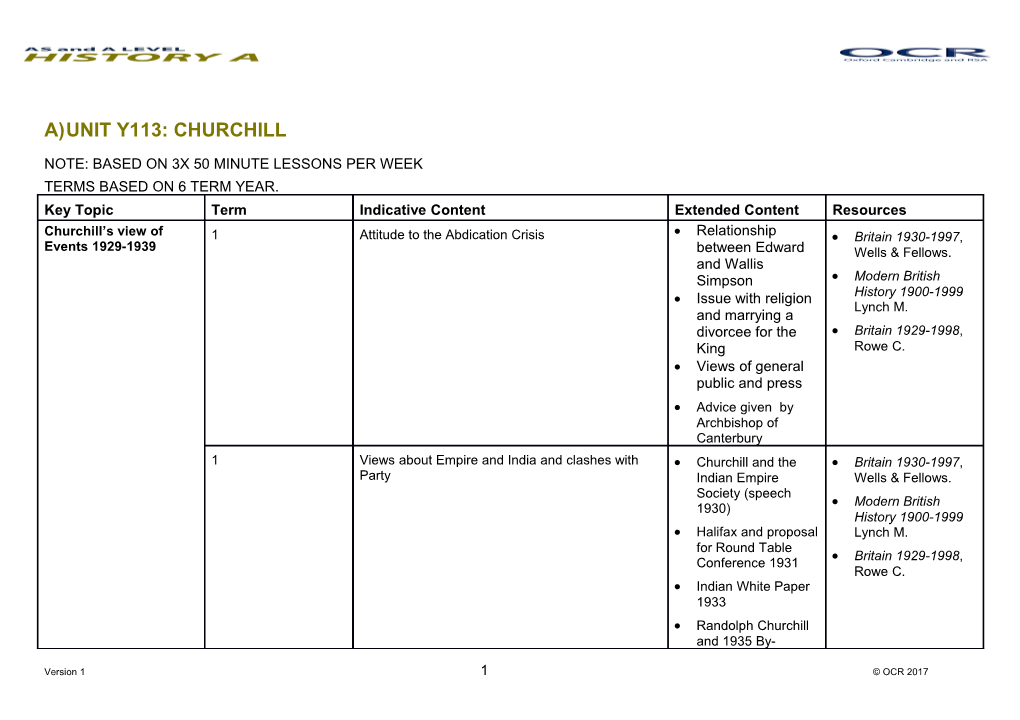 OCR a and AS History Unit Y113 Scheme of Work