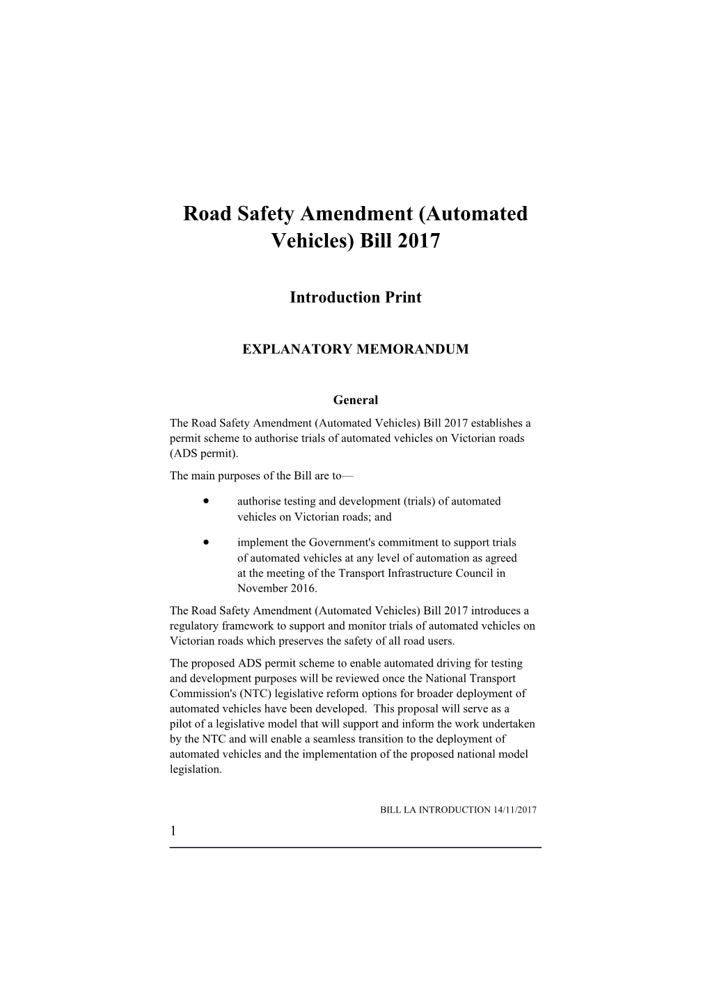 Road Safety Amendment (Automated Vehicles) Bill 2017