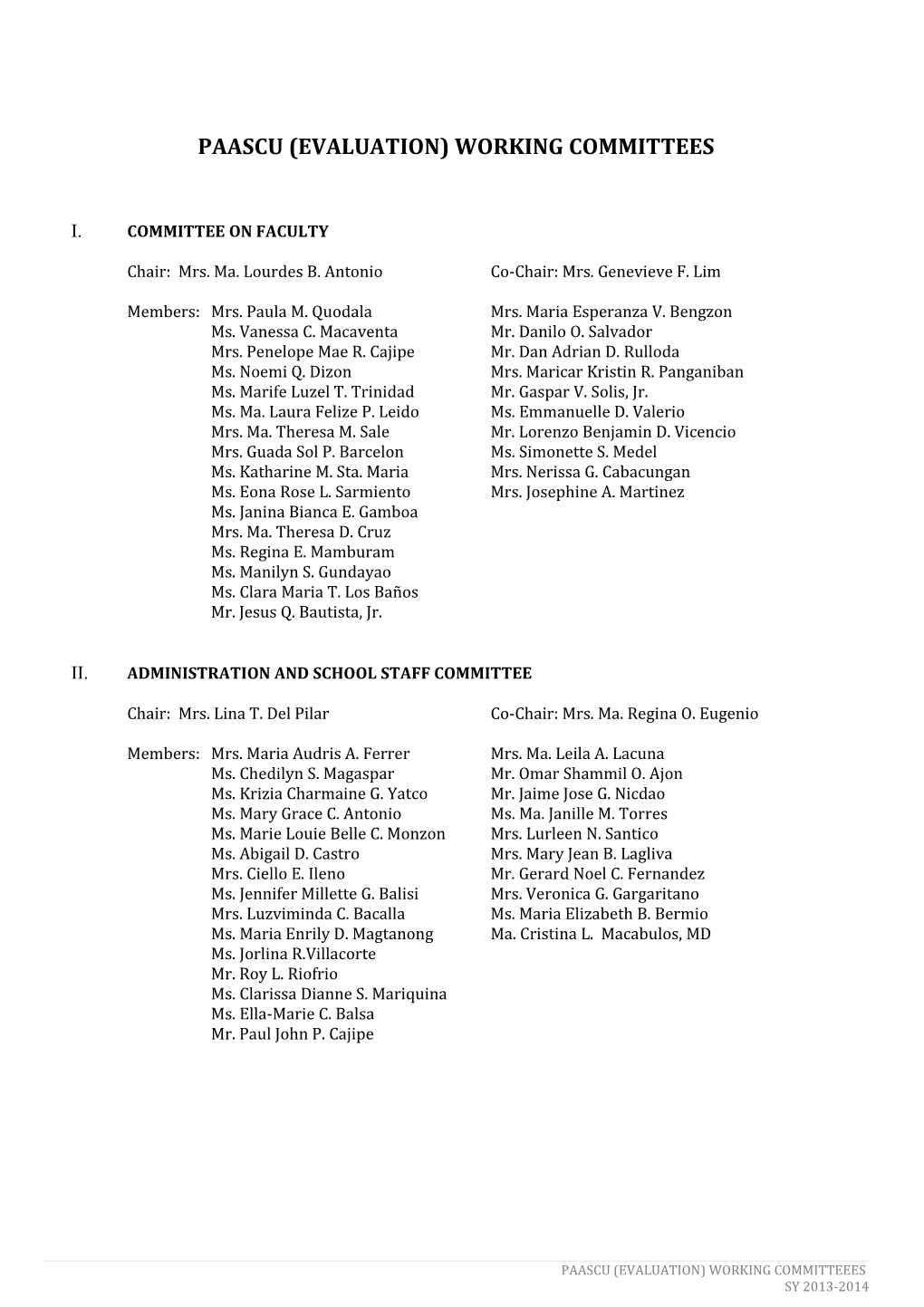 Paascu (Analysis) Working Committees