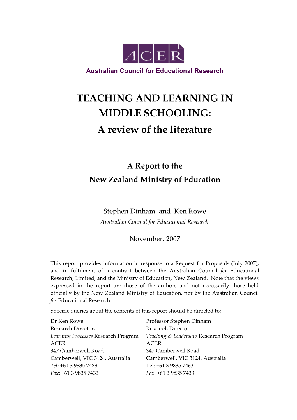 Teaching and Learning Middle Schooling: a Review of the Literature