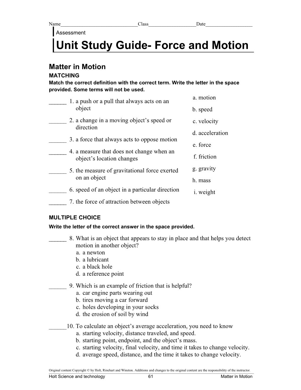 Unit Study Guide- Force and Motion