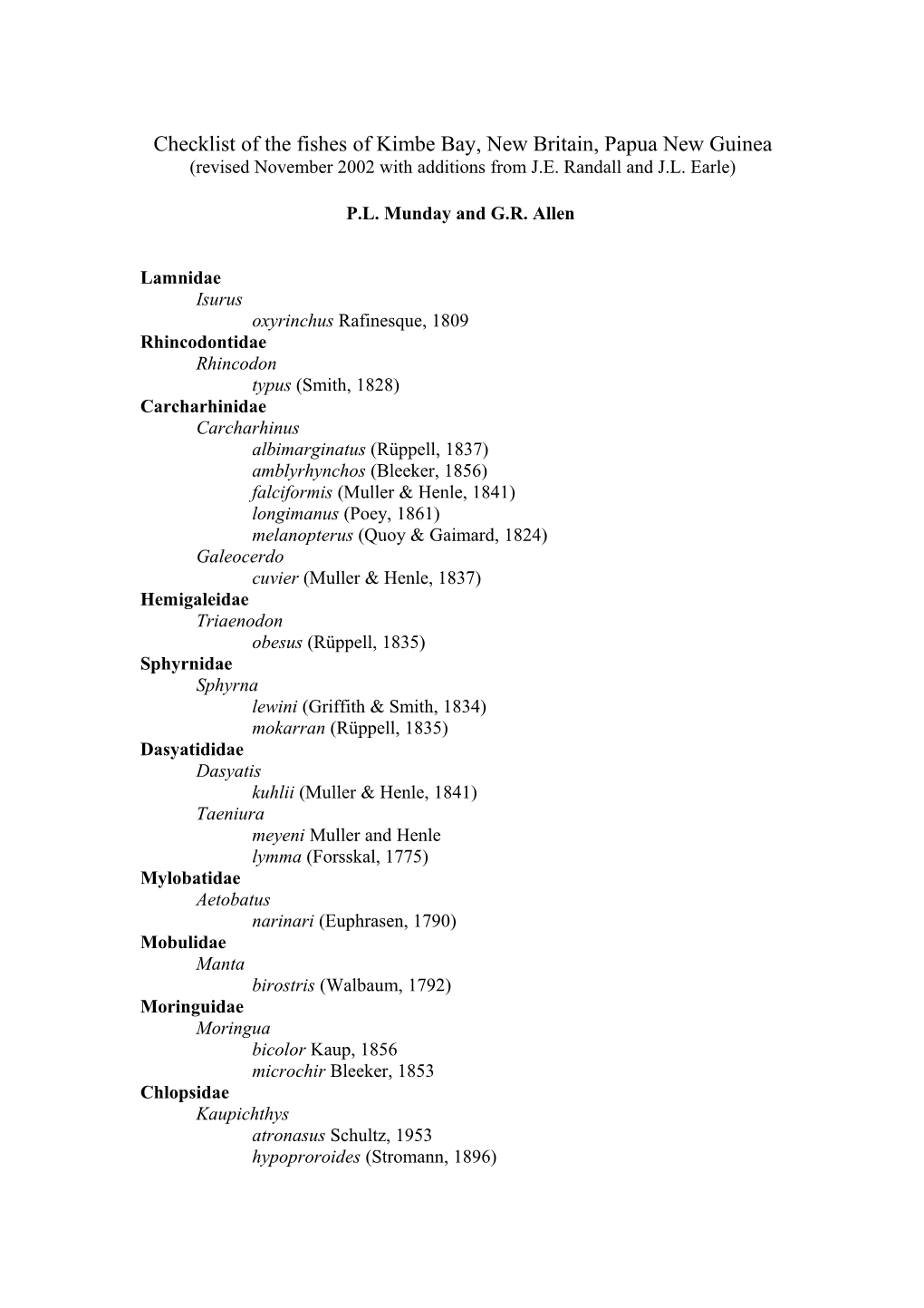 Checklist of the Fishes of Kimbe Bay, New Britain