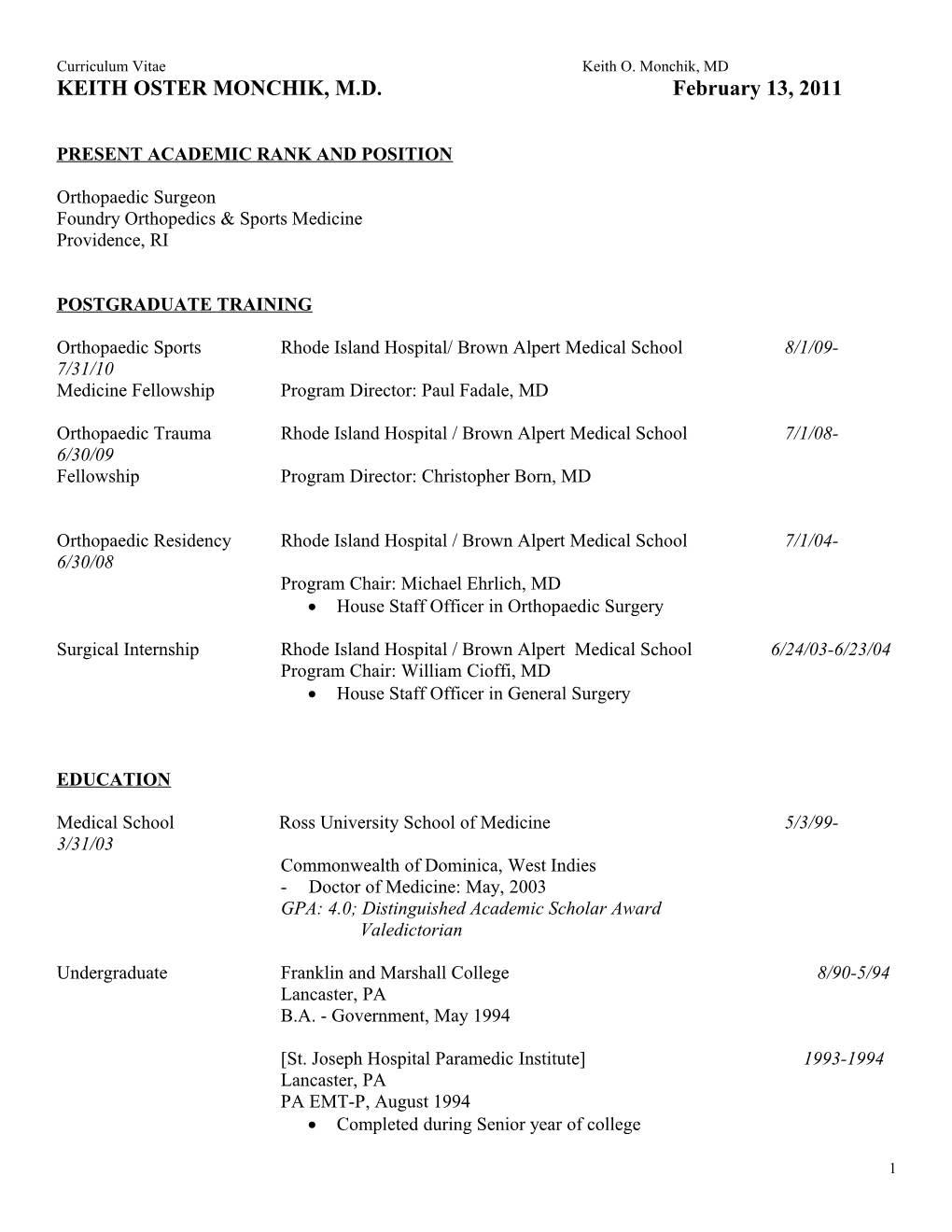 Curriculum Vitae Keith O. Monchik, MD