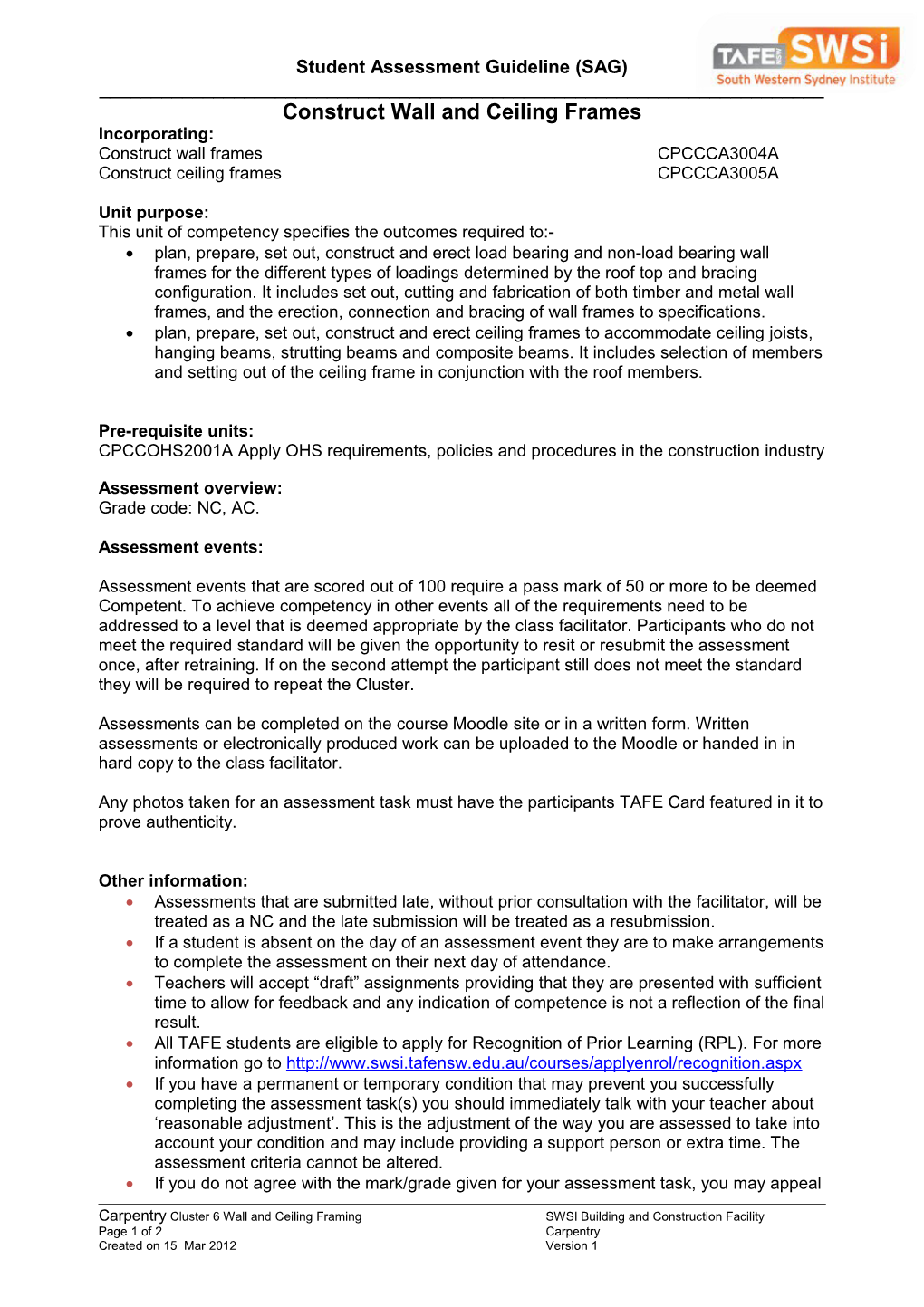 Student Assessment Guide (SAG)