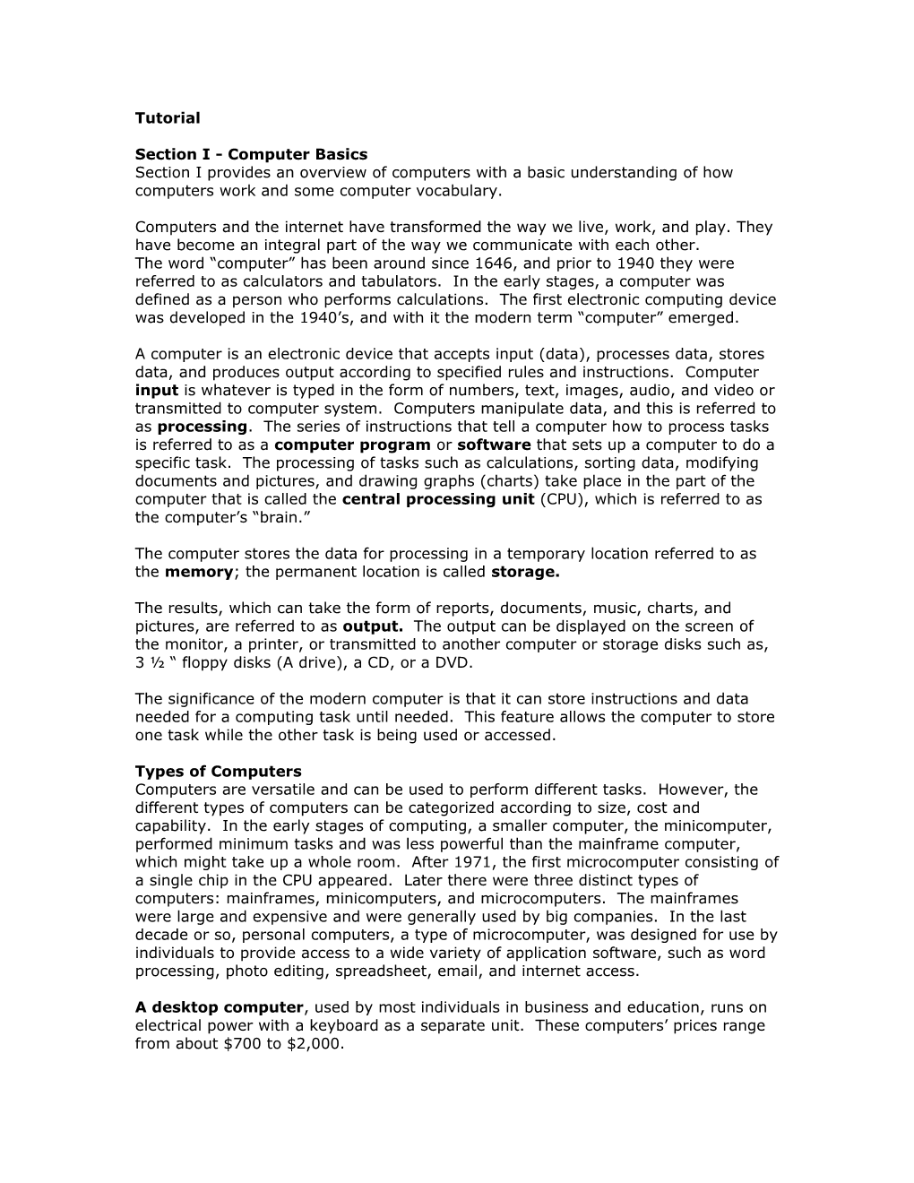 Section I - Computer Basics