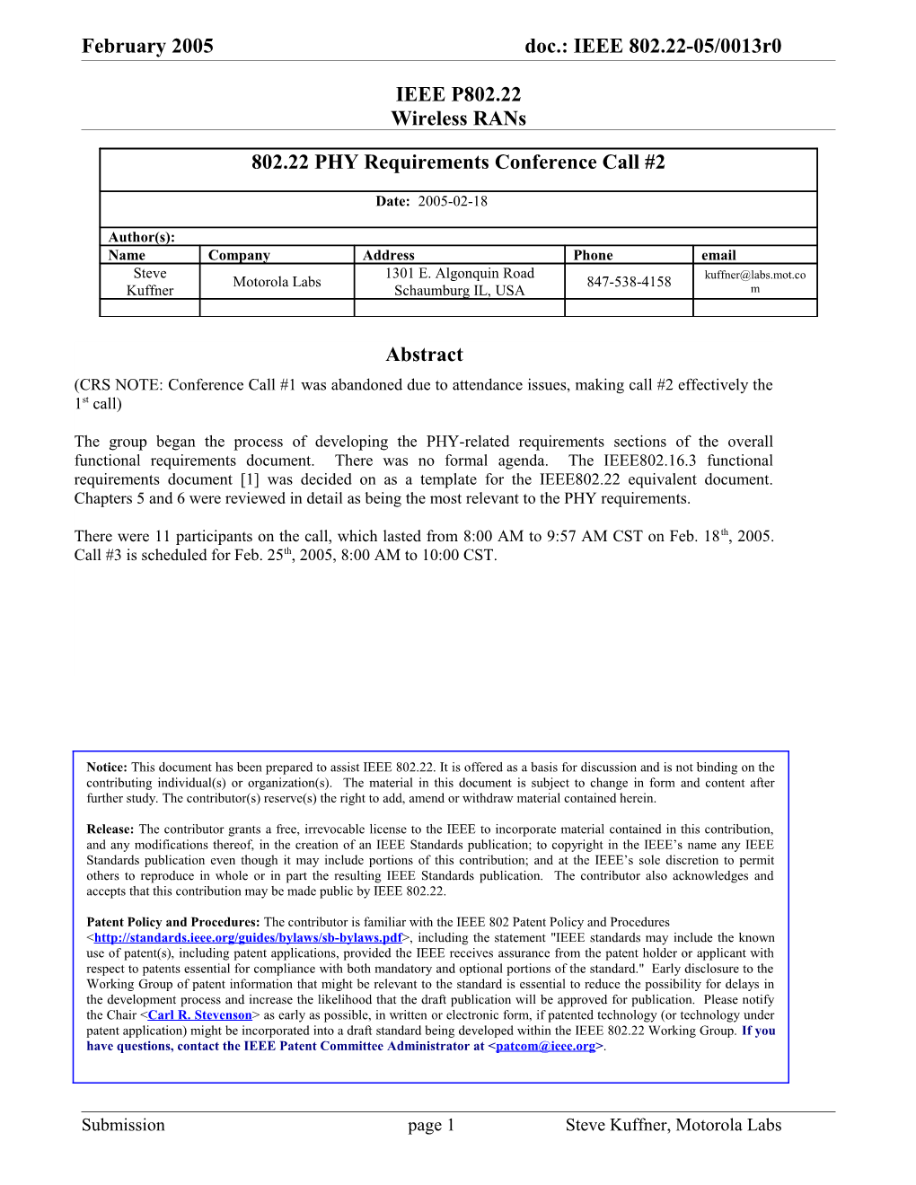 802.22 PHY Requirements Conference Call #2