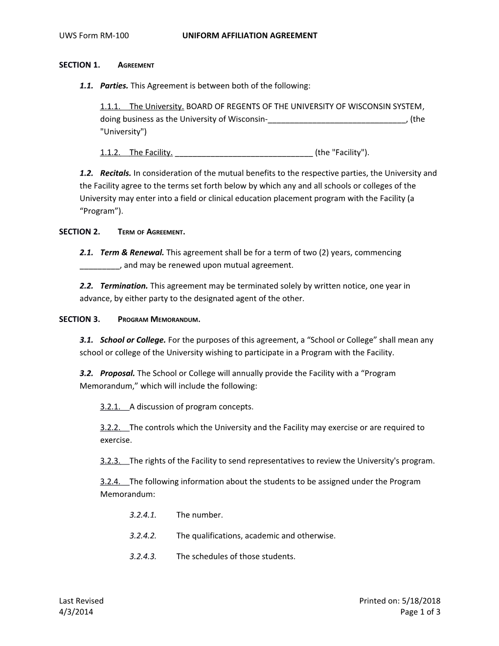 UWS Form RM-100 Uniform Affiliation Agreement