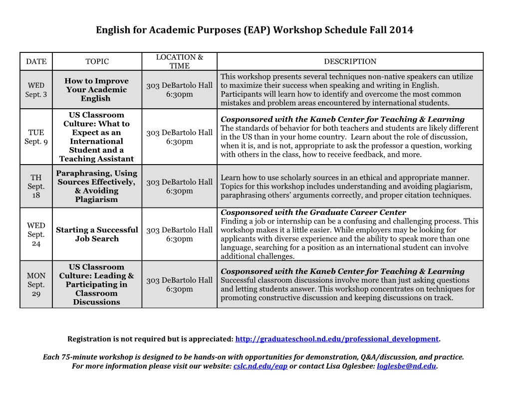 Fall 2014 EAP Workshop Schedule Draft