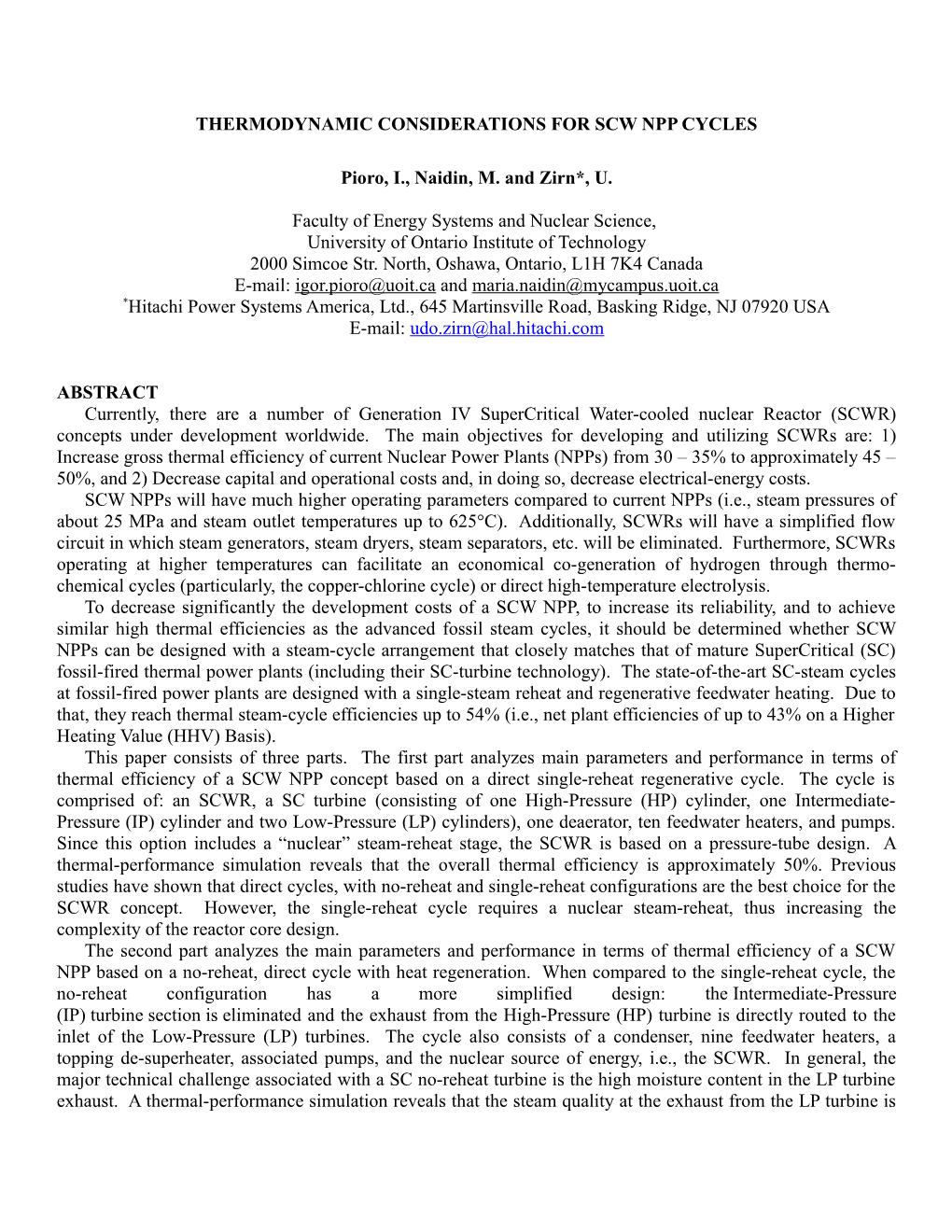 Thermodynamic Considerations for Scw Npp Cycles