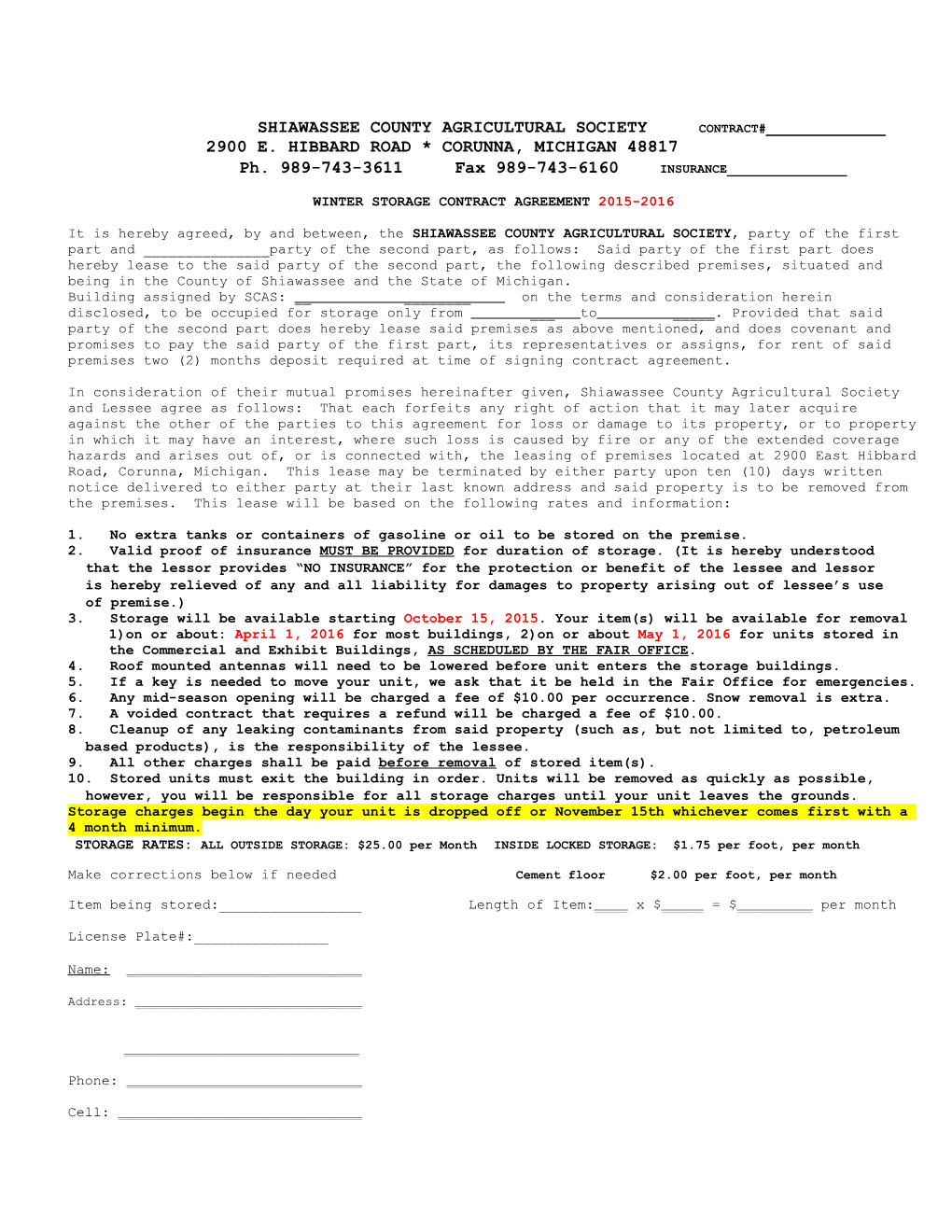 Shiawassee County Agricultural Society Contract#______
