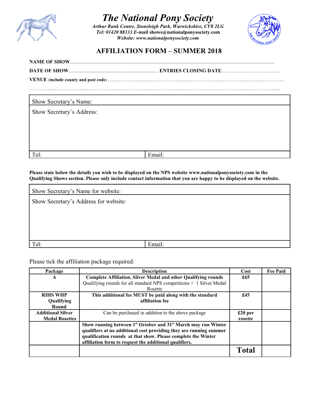 Application for Affiliation to the National Pony Society 1998 Championships, Silver Medal