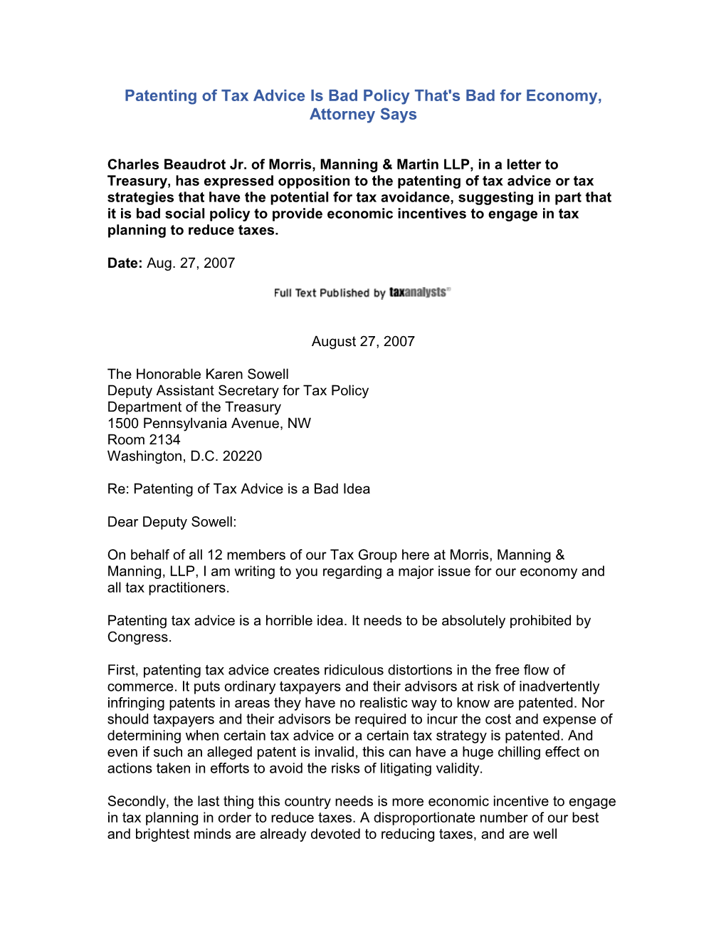 Attorney Letter to Treasury on Patenting of Tax Advice Is Bad Policy - August 27, 2007