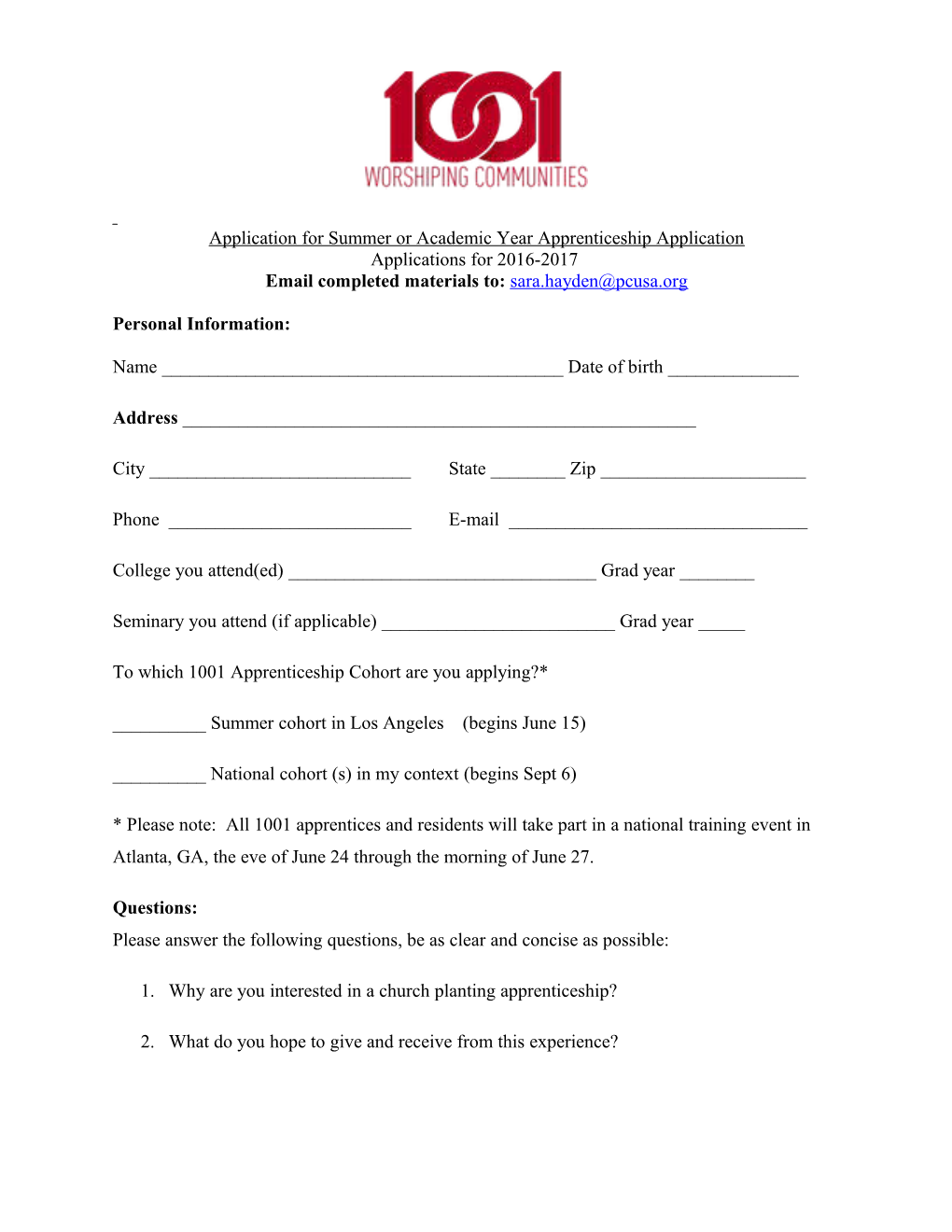 Application for Summer Or Academic Year Apprenticeship Application