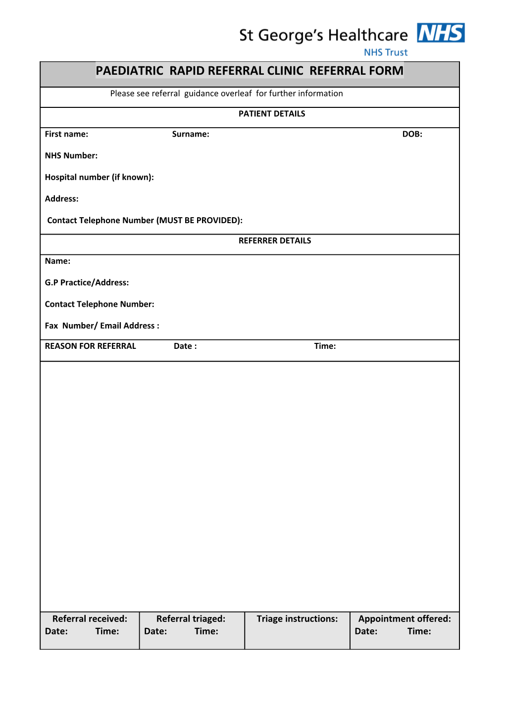 Paediatric Hot Clinic Referral Form