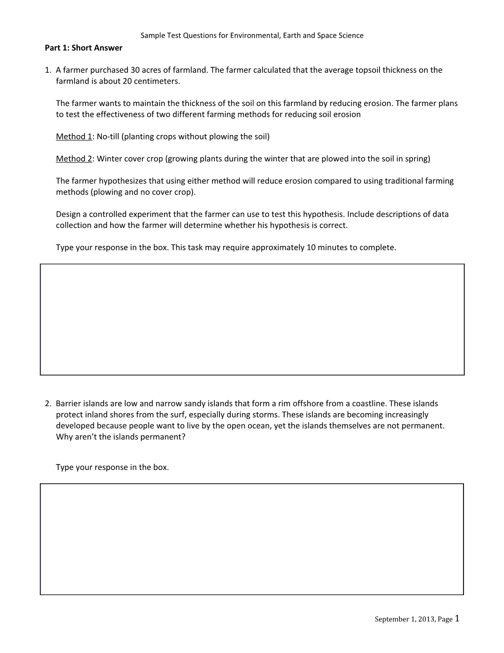 Sample Test Questions for Environmental, Earth and Space Science