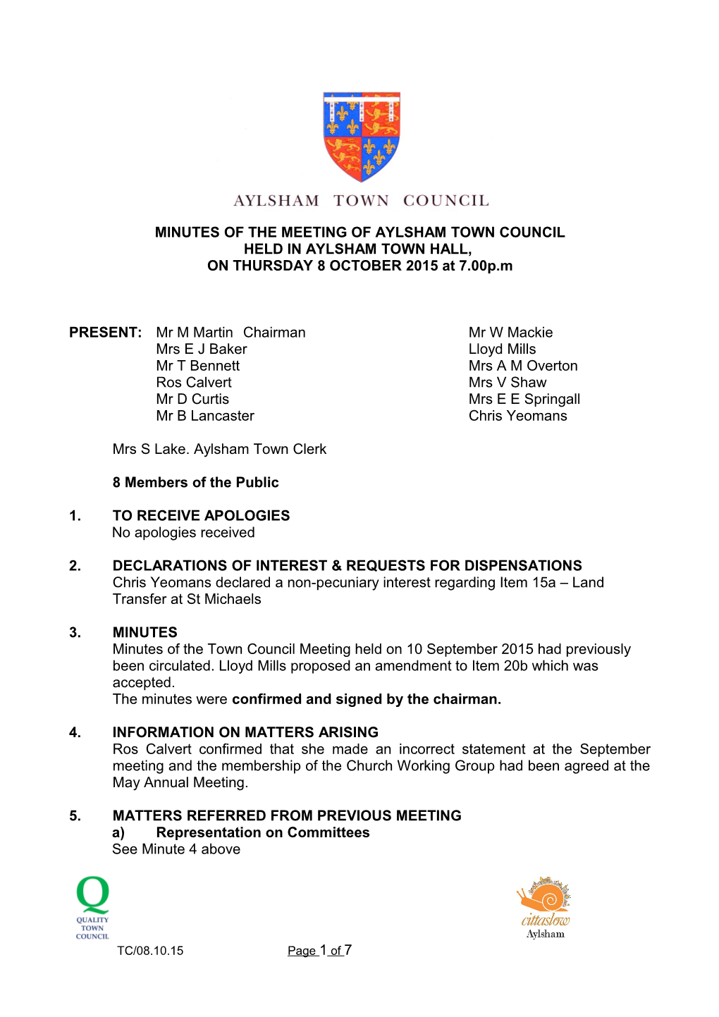 Minutes of the Meeting of Aylsham Town Council