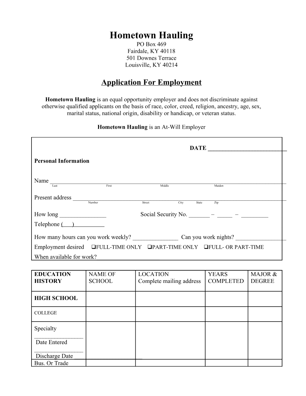 Hometown Hauling Application for Employment