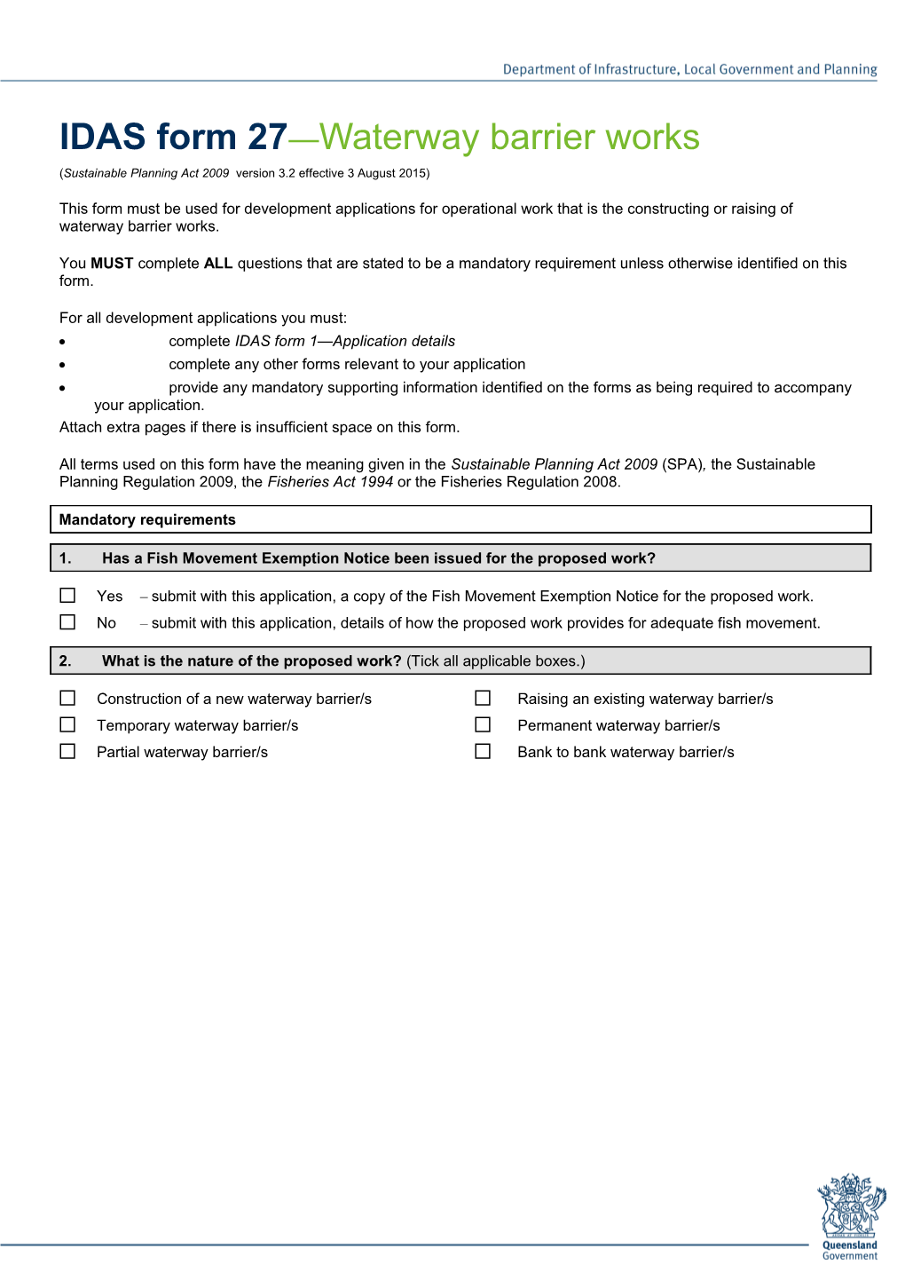 IDAS Form 27 - Waterway Barrier Works