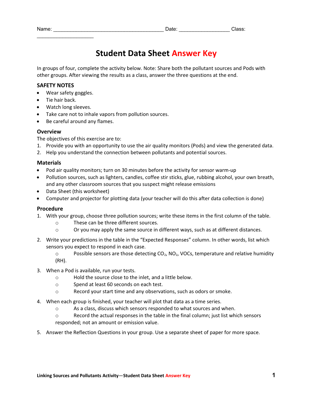 Student Data Sheet Answer Key