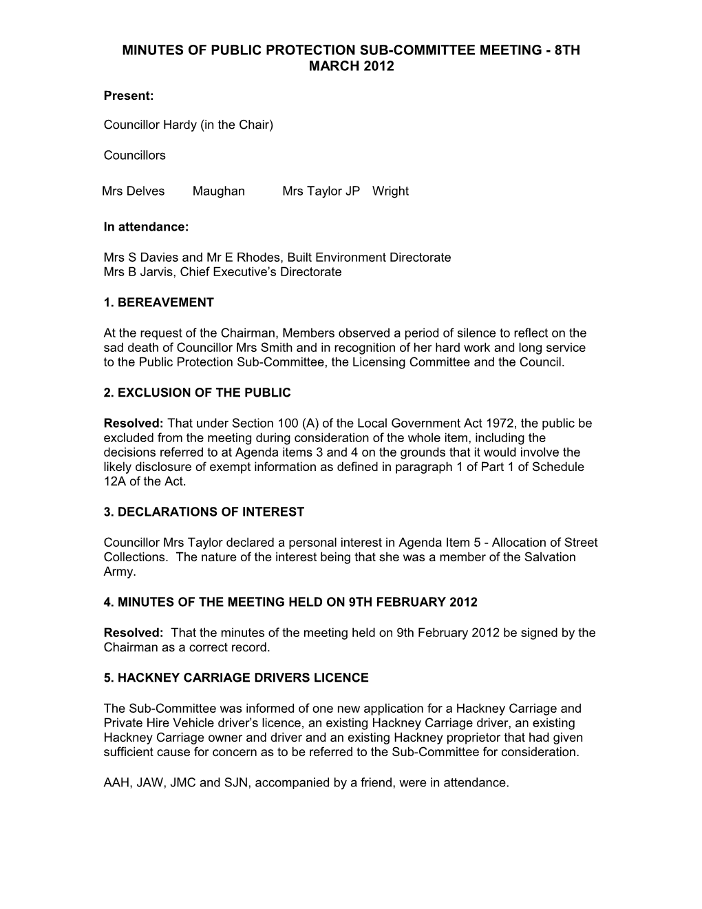 Minutes of Public Protection Sub-Committee Meeting - 8Th March 2012