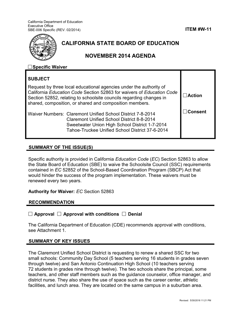 November 2014 Waiver Item W-11 - Meeting Agendas (CA State Board of Education)