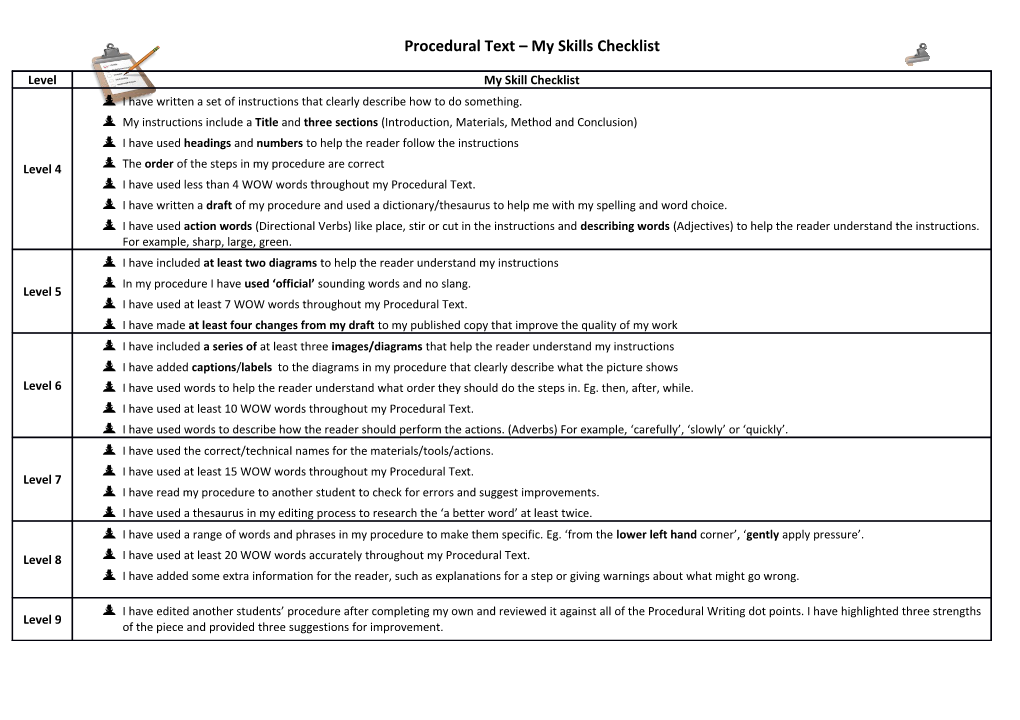 Procedural Text My Skills Checklist