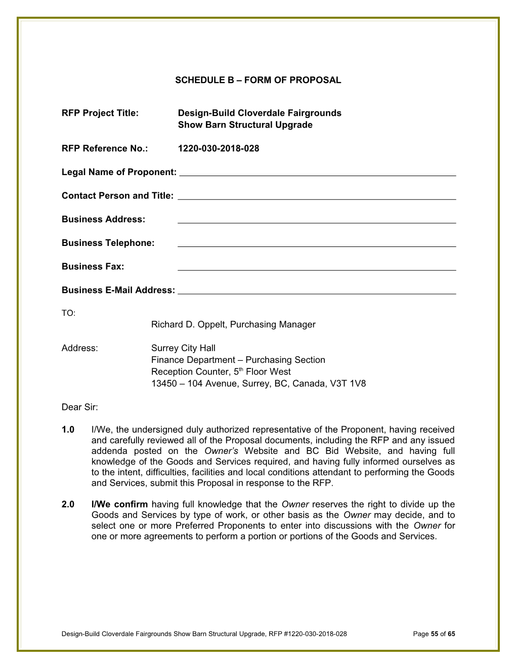 Schedule B FORM of PROPOSAL