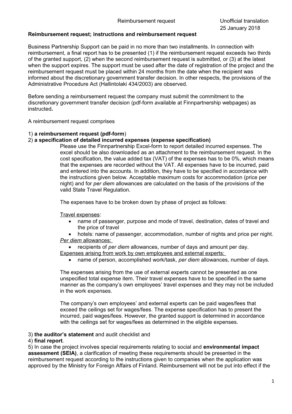 Reimbursement Request; Instructions and Reimbursement Request