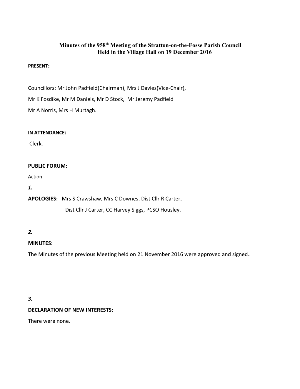 Minutes of the 958Th Meeting of the Stratton-On-The-Fosse Parish Council