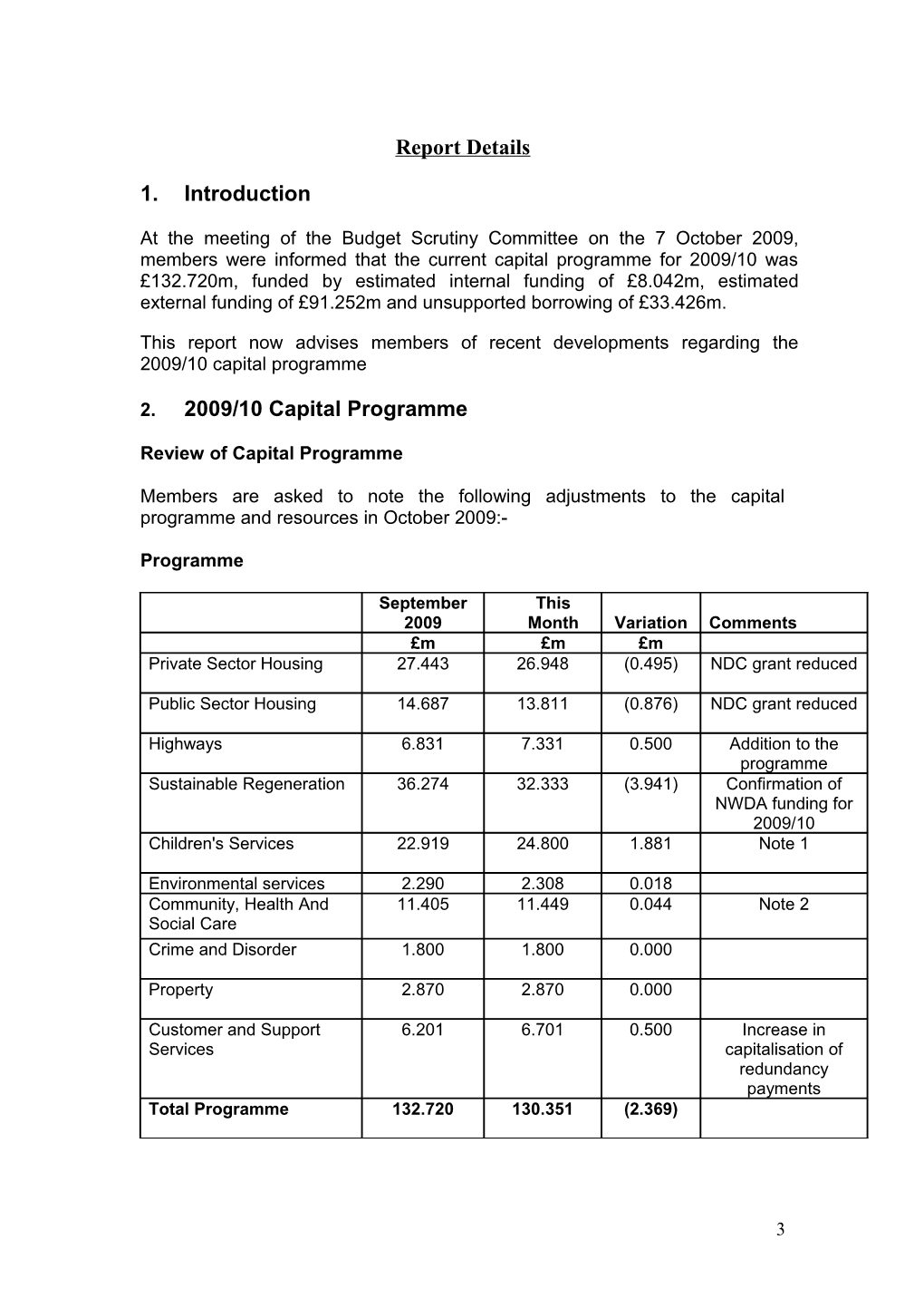 This Report Now Advises Members of Recent Developments Regarding the 2009/10 Capital Programme