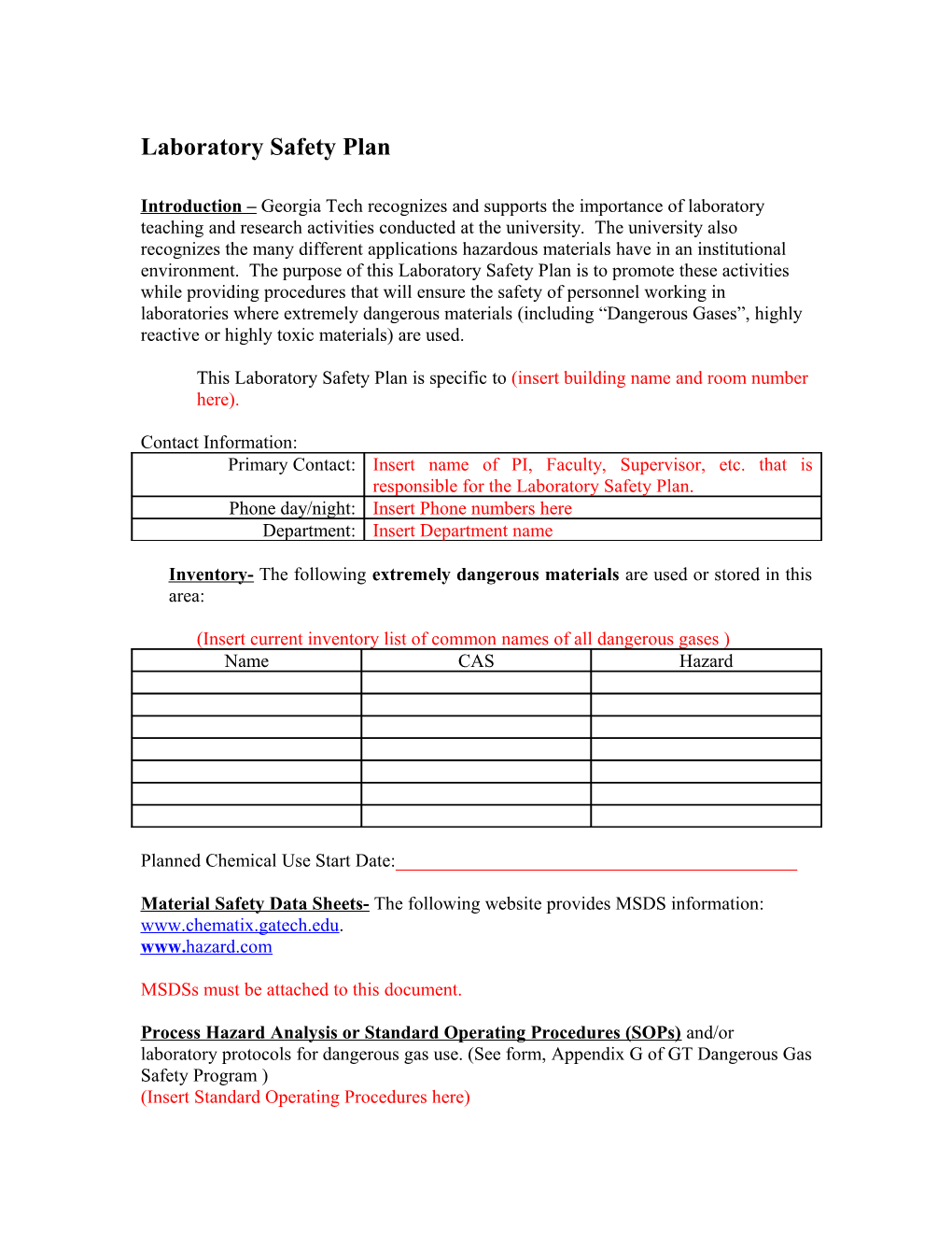 Appendix E: Laboratory Safety Plan