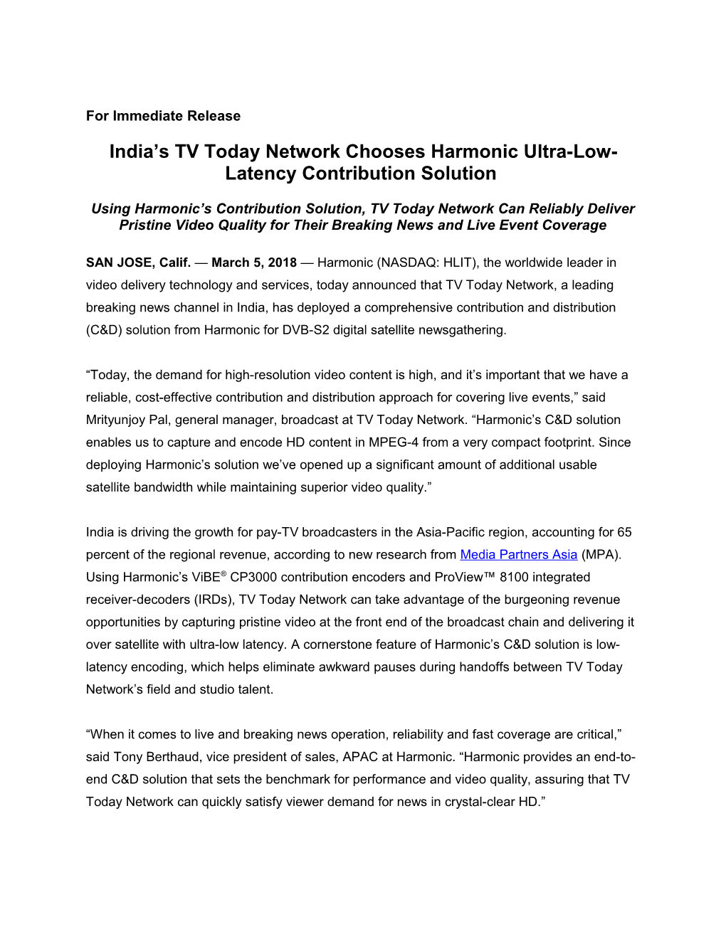 Harmonic Press Release