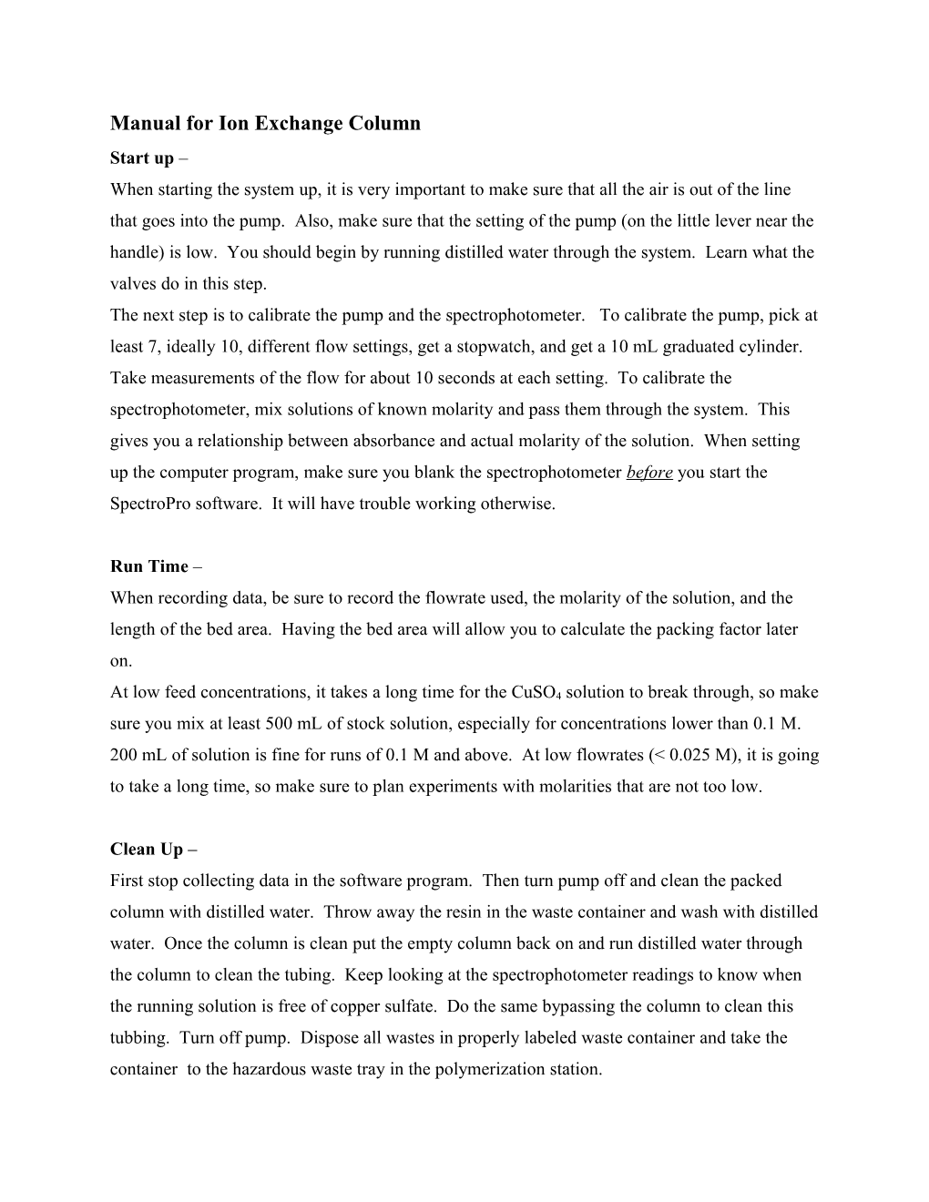 Manual for Ion Exchange Column