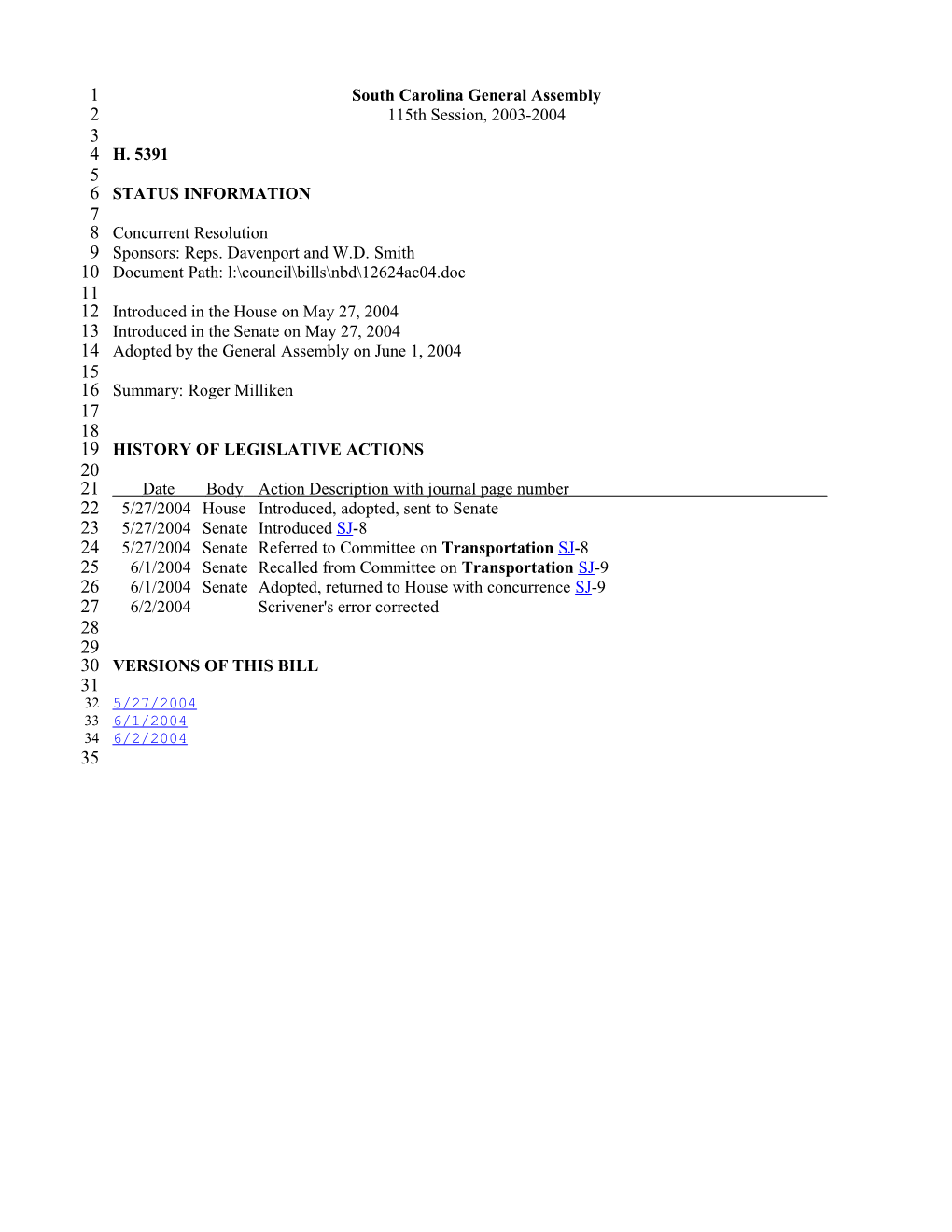 2003-2004 Bill 5391: Roger Milliken - South Carolina Legislature Online