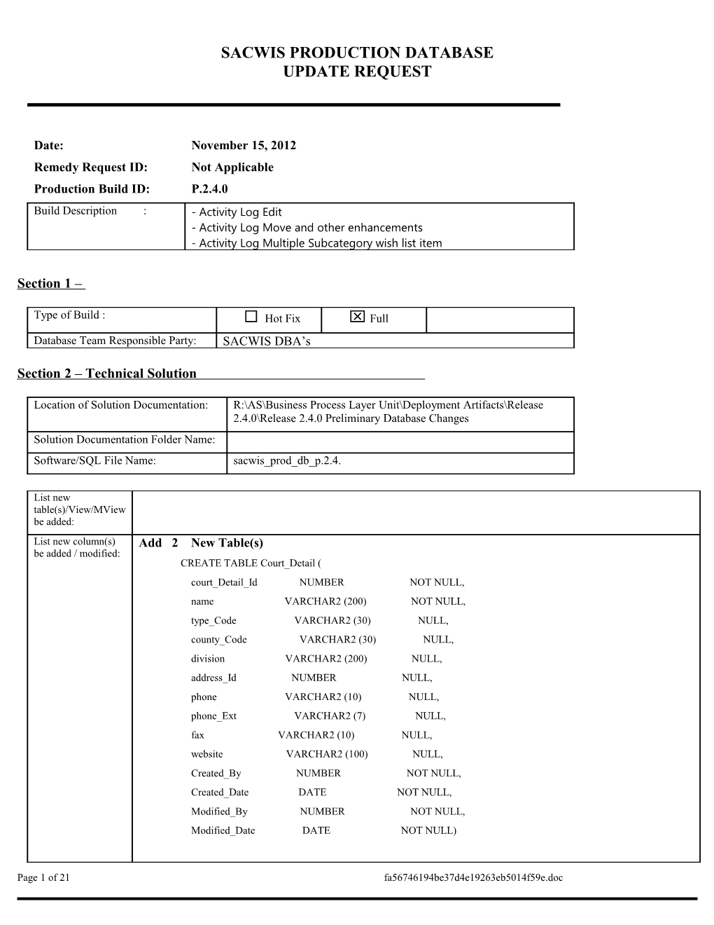 Sacwis Database Update Request s1