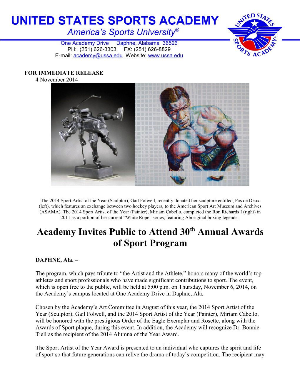Academy Invites Public to Attend 30Th Annual Awards of Sport Program