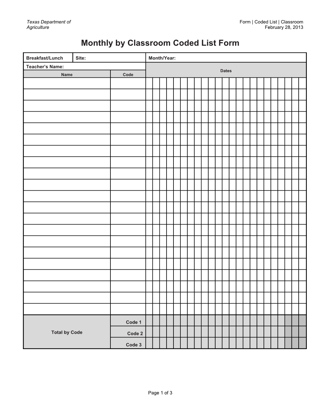 Monthly by Classroom Coded List Form