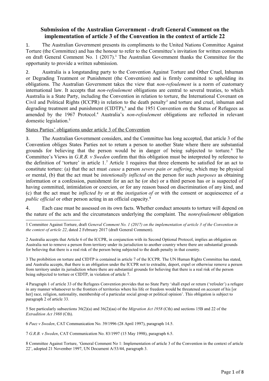 Submission of the Australian Government - Draft General Comment on the Implementation