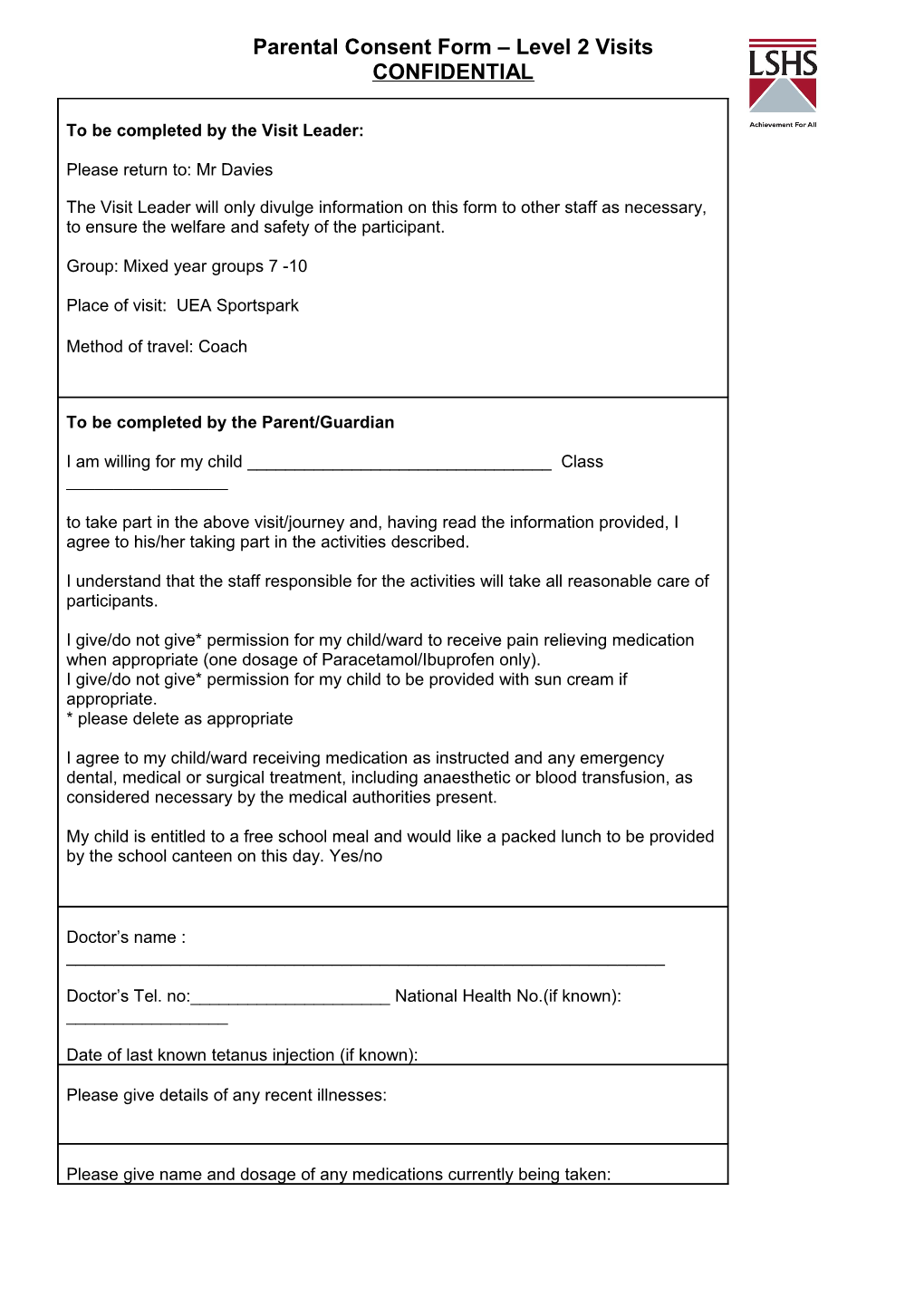 Parental Consent Form - Category a Visits