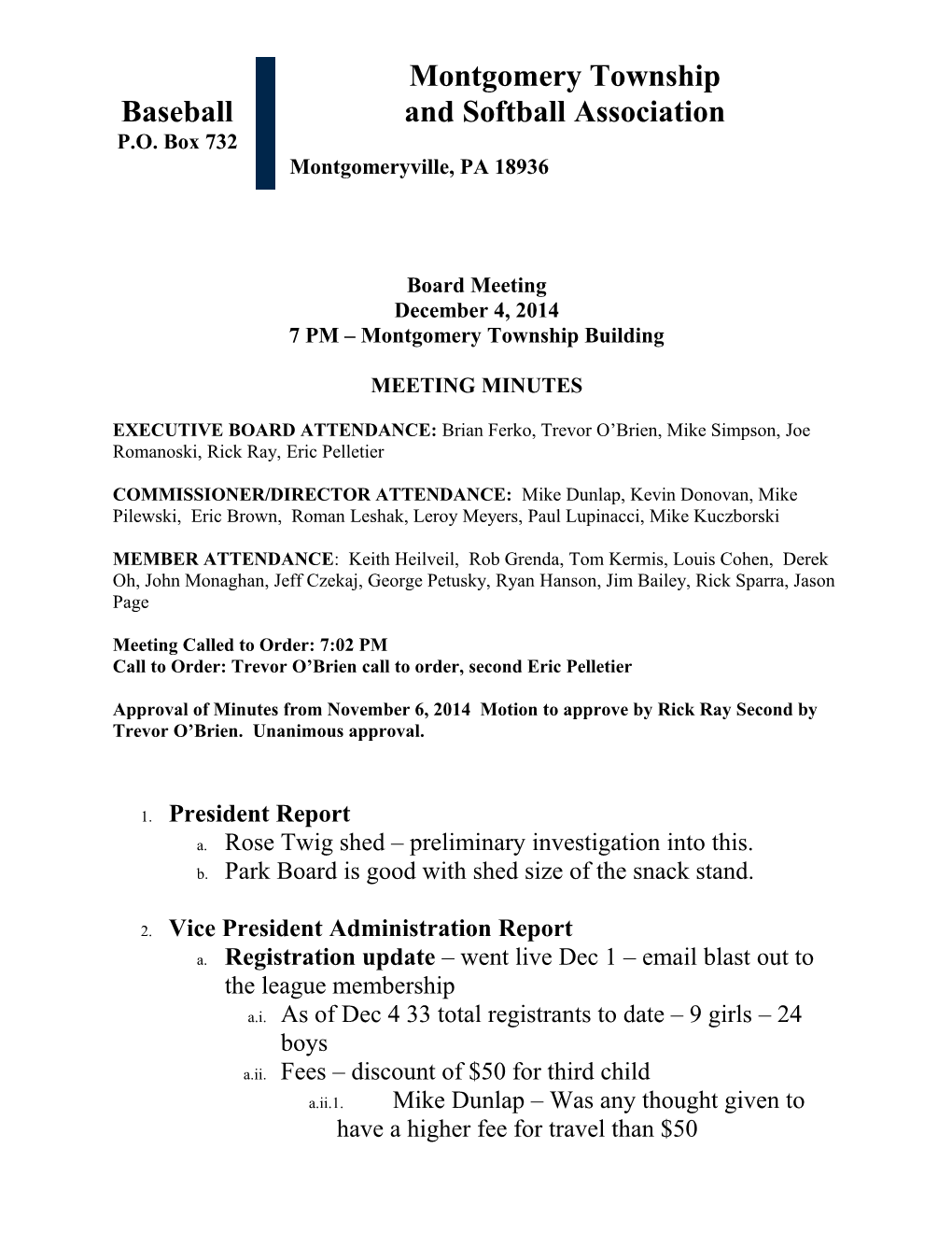 Monthly Board Meeting Minutes 12/4/2014